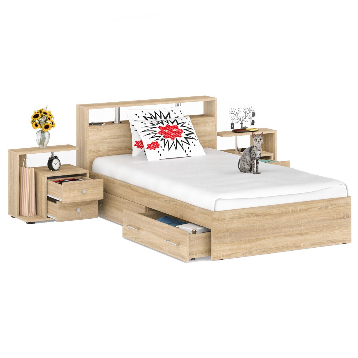 Кровать с ящиками СВК Камелия 1200 + две тумбы