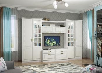 Набор мебели для гостиной Mobi Ливерпуль 3 Пенал 2шт + Витрина 2шт + Тумба + Шкаф навесной + Полка + Карниз 1000 2шт