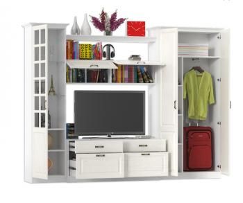 Гостиная Mobi Ливерпуль набор мебели 7 Витрина + Тумба + Шкаф навесной + Полка + Шкаф для одежды + Карниз 1000 + Карниз 500