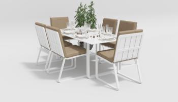 каркас белый / подушки бежевые / столешница белая глянцевая